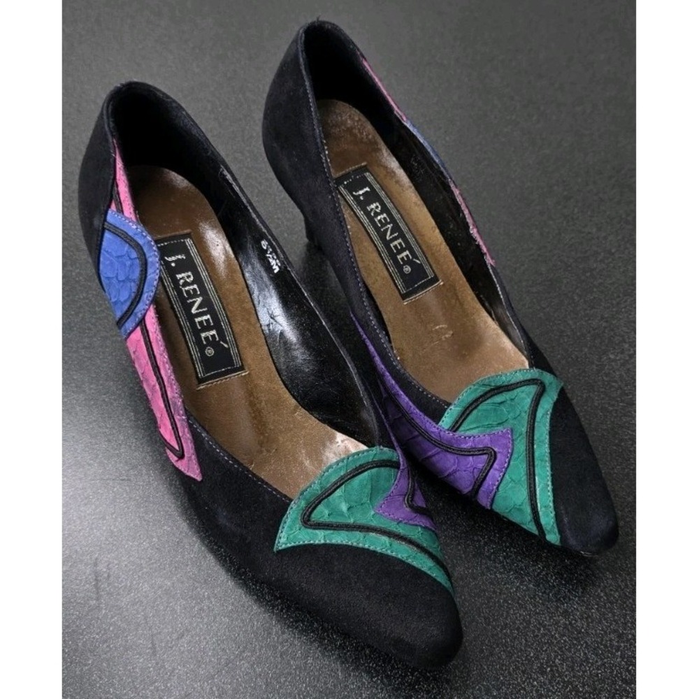 Vintage J. Renee Patchwork Heels Suede Leather Pumps Woman 5.5 70s 80s Retro